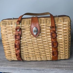 Vintage/Retro Natural Wicker Leather Trim Purse Bag